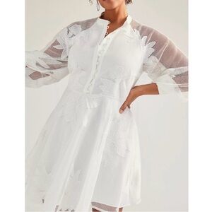 Anthropologie White Floral Lace Fit-and-Flare Long Sleeve Dress